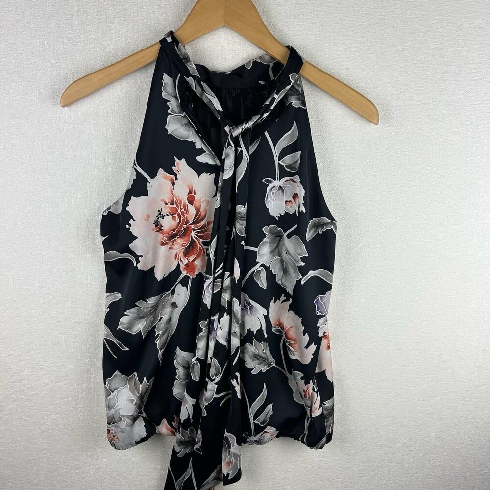 White House Black Market Women’s XS Sleeveless Black Floral Tie Neck Blouse